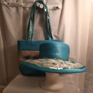 SUMMER CLEARANCE  AQUA & WHITE HAT AND TOTE  FOR CHURCH AND OTHER SPECIAL EVENTS